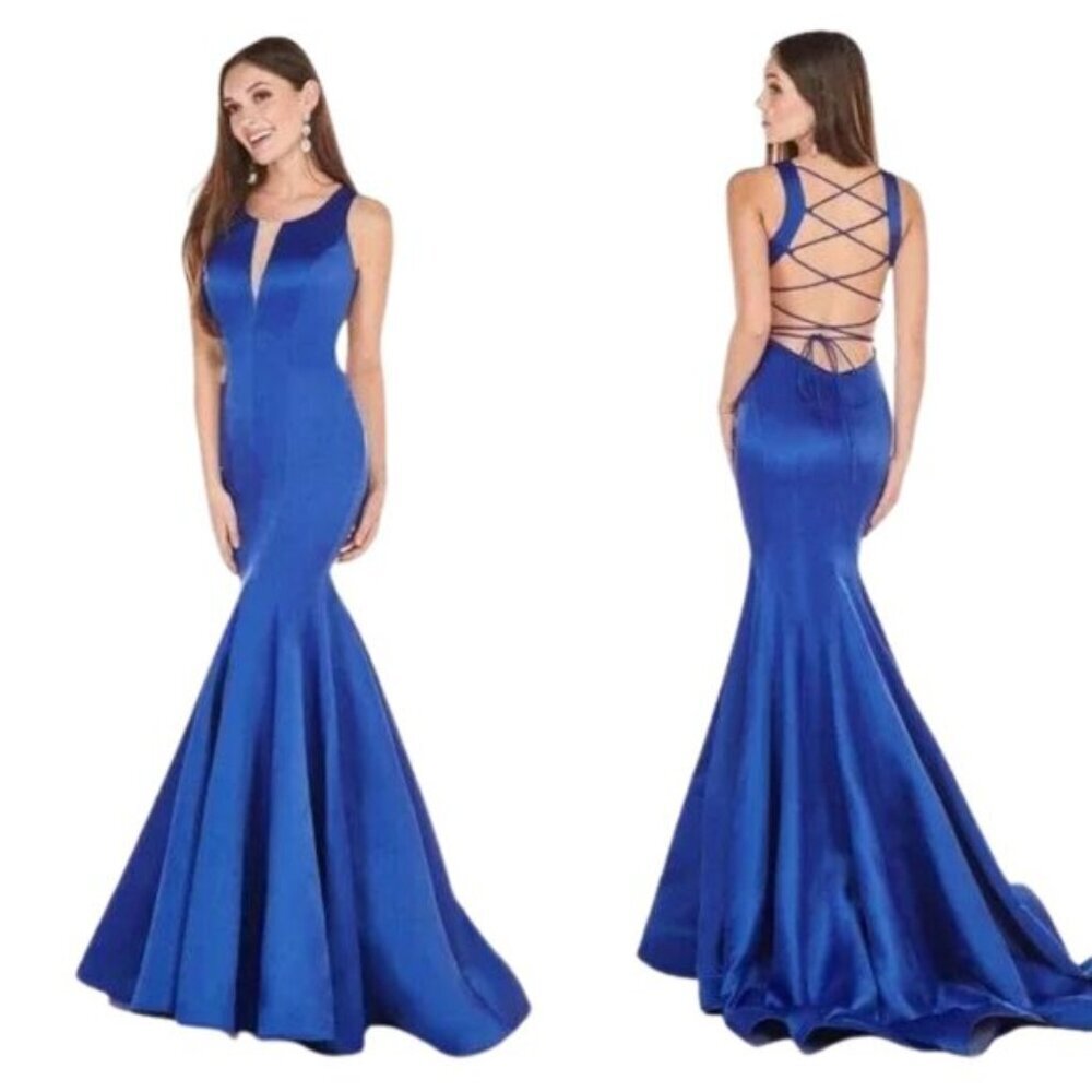 Rachel Allan Royal Blue Satin Plunge Neck Tie Up Back A-Line Gown Prom